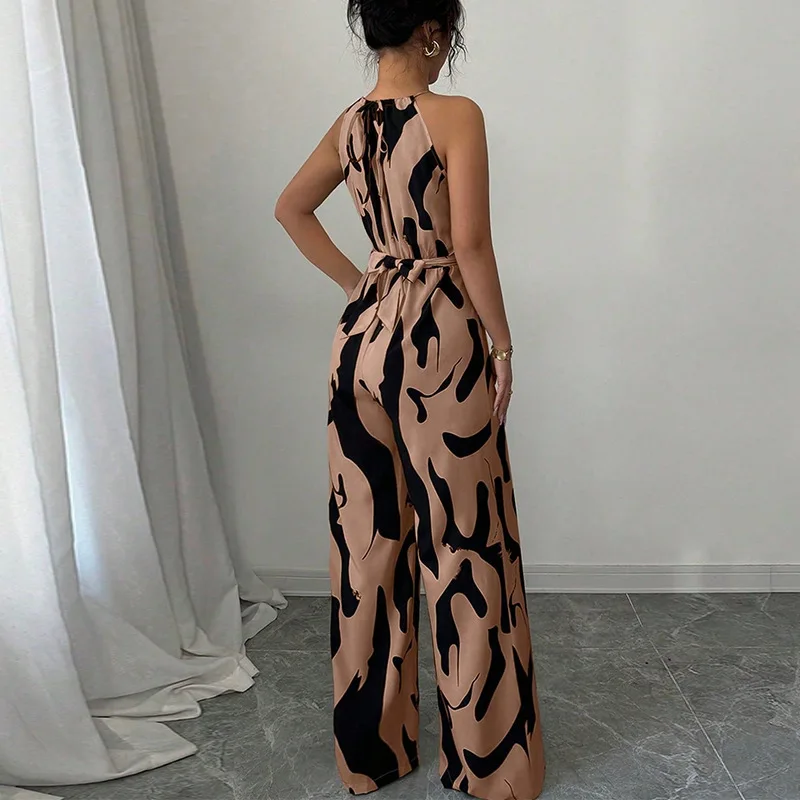 Jumpsuits voor dames Zebrastreep Halter Eendelig Vetersluiting Wijde pijpen Broek Jumpsuit Zomer Sexy Kleding Vrouwelijke elegante jumpsuit