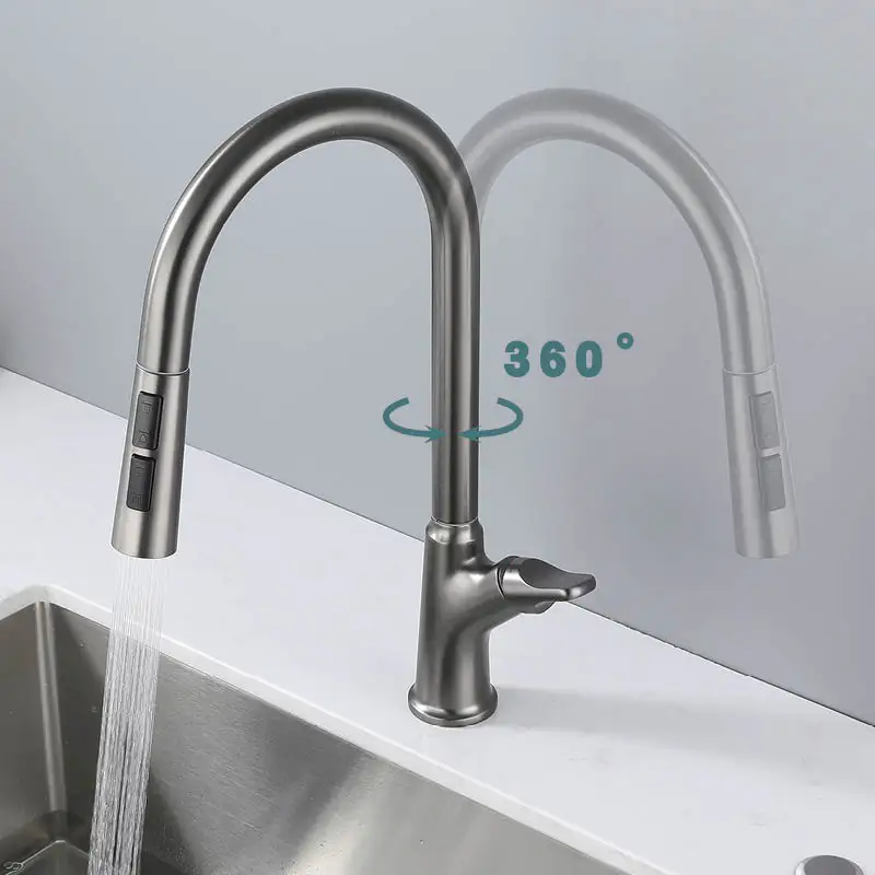 سطح جبل ثقب واحد سحب أسفل بالوعة الحنفيات الحديثة مزدوجة وظيفة بالوعة المطبخ صنبور مقبض واحد الباردة الساخنة خلاط الصنابير رمادي #3