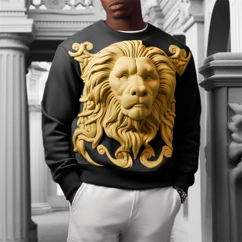 Fashion Lion Relief Graphic Sweatshirts Trend Cool Long Sleeve Mens 3D Printed Crew Neck Hoodie Casual Streetwear Oversized Tops