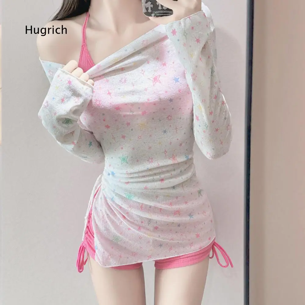 Women Sheer Sun Protection Swim Cover Up Long Sleeve With Star Print And Side Drawstring Detail For Summer Beach Vacation Wear