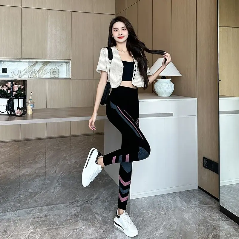 سراويل ضيقة نسائية عالية التمدد - سراويل متوسطة الخصر مطبوعة للخريف والشتاء، مقاس نحيف 9 طول لباس خارجي قيعان نحيفة