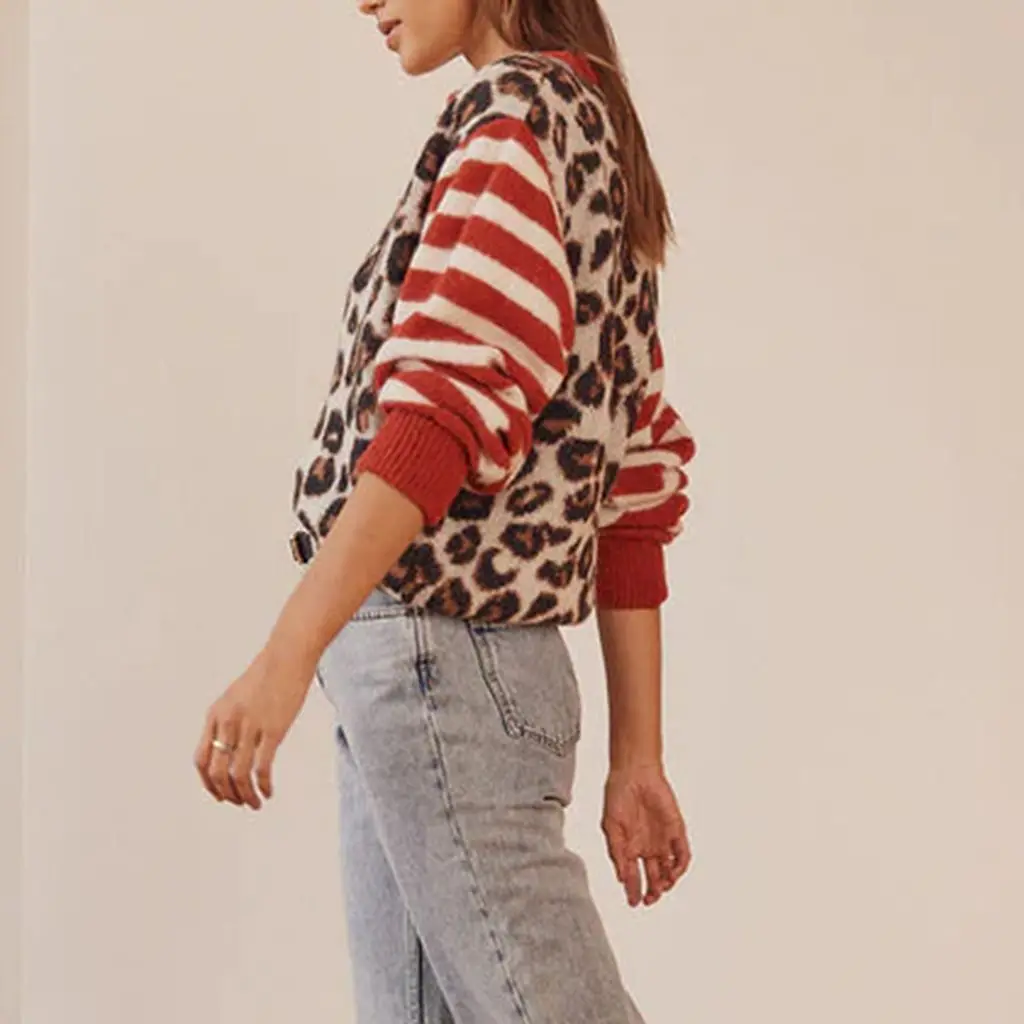 Suéteres vintage Y2K para mujer, abrigo de punto holgado con cuello redondo y botones con estampado de leopardo a rayas estéticas