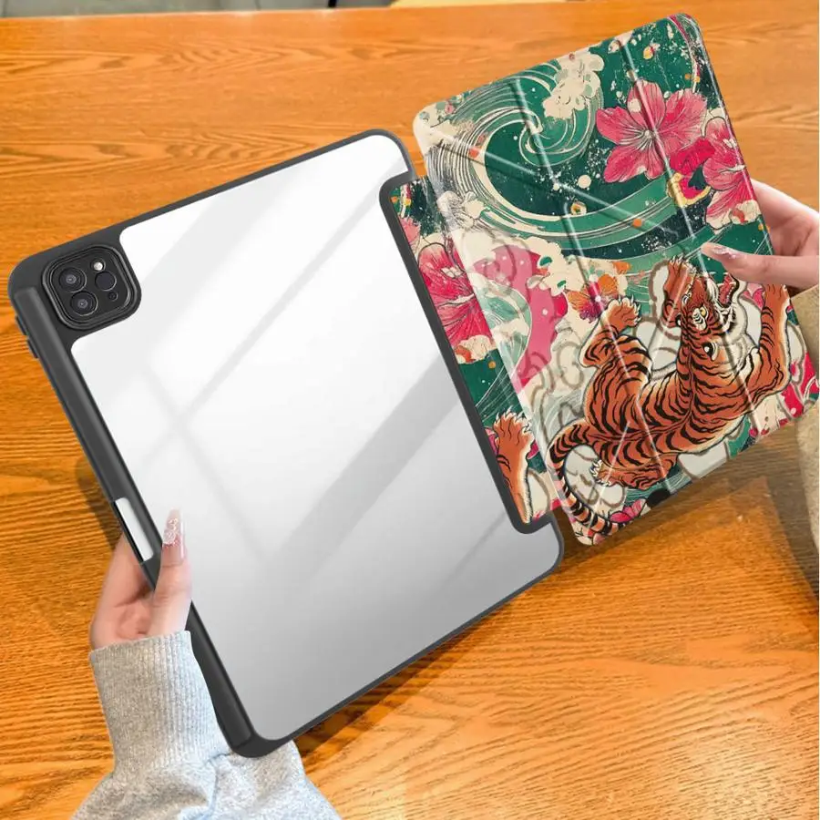 Wave Flower Tiger With Pencil Holder Case for Apple iPad 9th Air 8 M2 M3 3 Mini 7 6 5 10th Gen 11th 12th Pro M4 13 2025 2026 Air