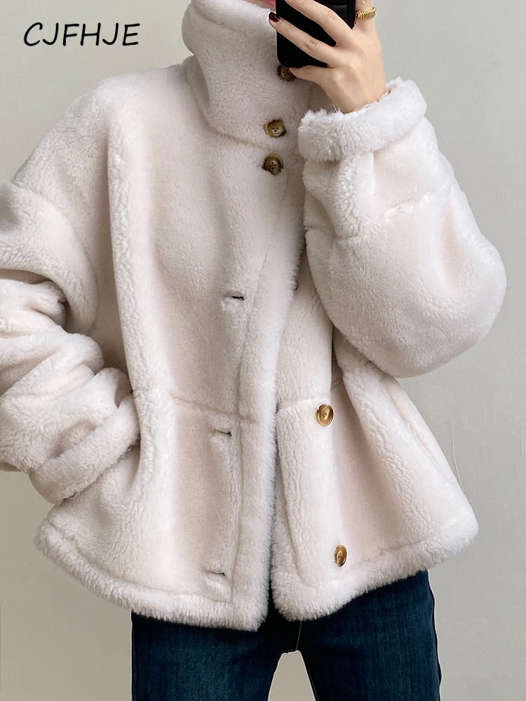 CJFHJE Two Reverisble Wear Plush Teddy Jacket Women Overcoat Winter Thicken Long Sleeve Jacket Coat Thicken Warm Outwear Female