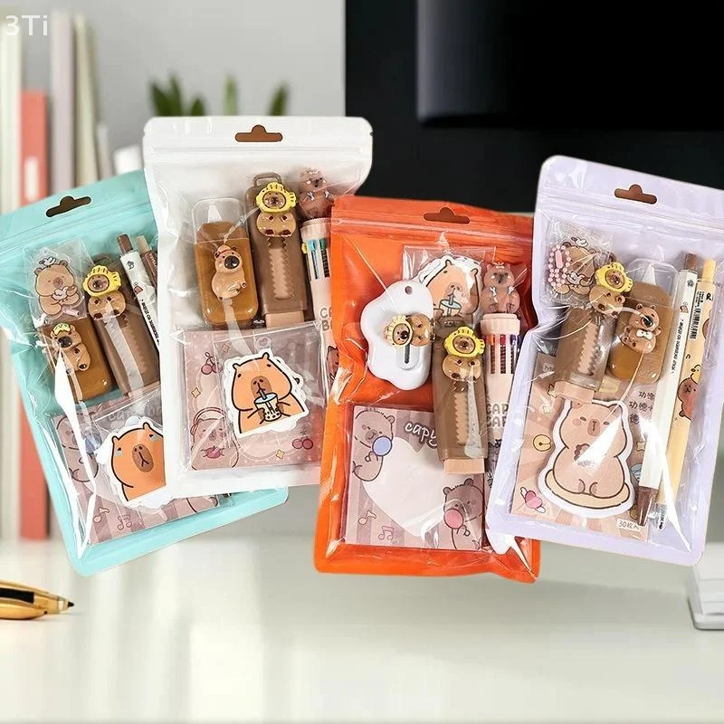 مجموعة أدوات تعليمية مع رسم توضيحي كرتوني كابيبارا؛ أساسيات المدرسة مزينة برسوم كارتونية كابيبارا الرائعة.