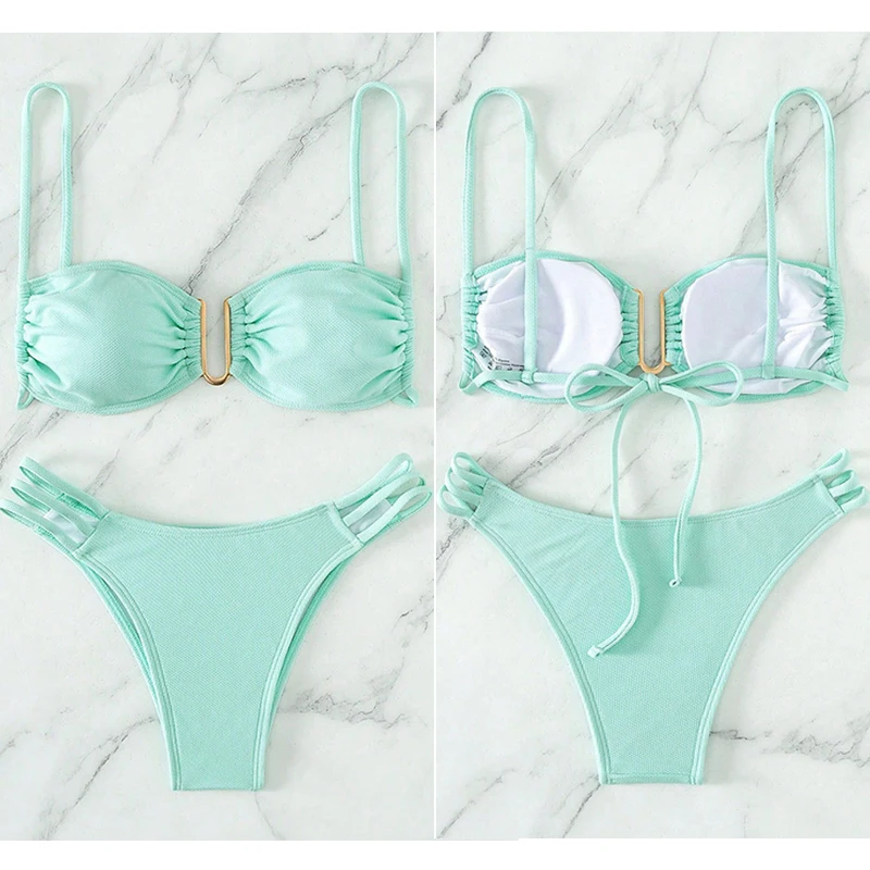 Solid Color Metal Decoration Two-piece Bikini Set Women Swimwear Push Up Female Swimsuit for Swim Wear Bathing Suits Beachwear