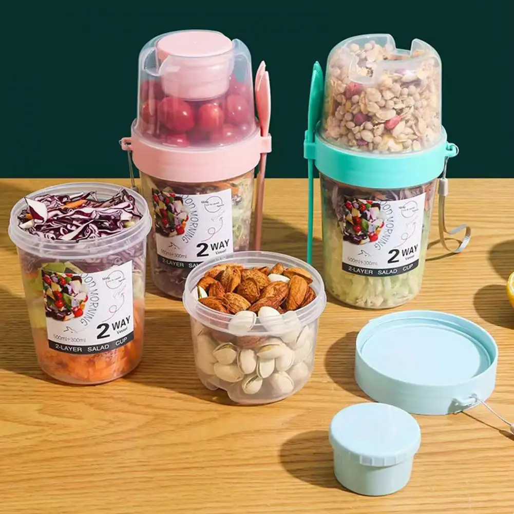 

Salad Box Portable Separated Two Compartments Breakfast Cup Oatmeal Cereal Nut Yogurt Container with Fork Lunch Box Bento Cup