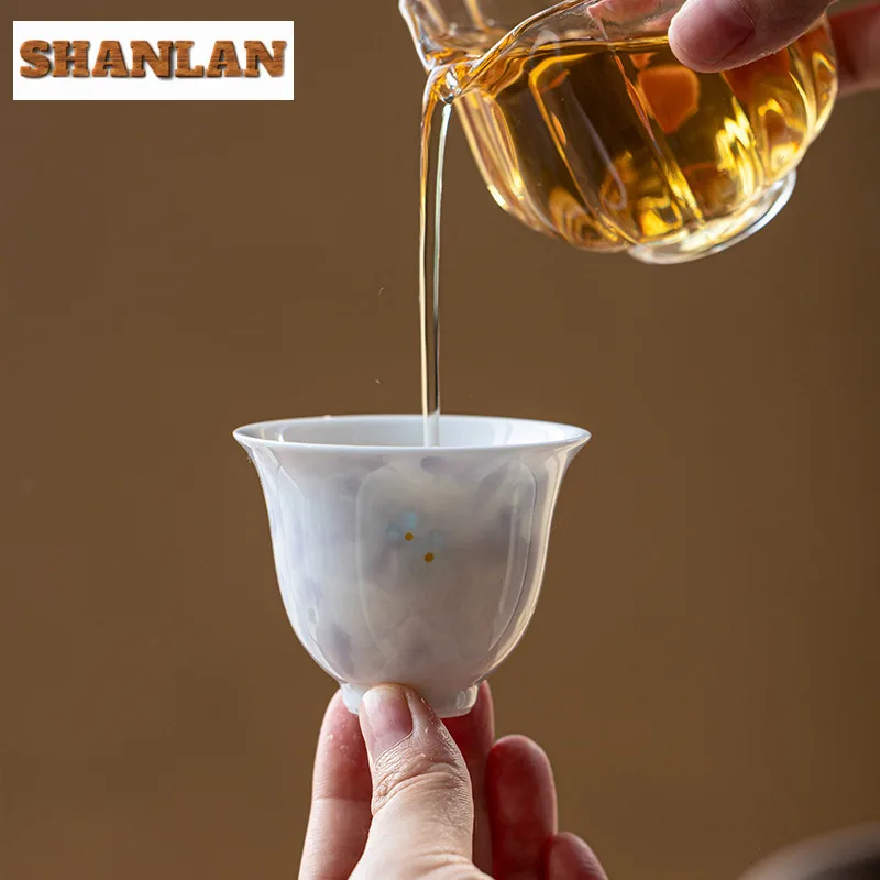 2 قطعة/الوحدة رسمت باليد زهرة الأرجواني فنجان الشاي وعاء الشاي الأنيق الشاي زوج الشاي تذوق العطر كوب Chazhan ماستر أكواب Teaware 45 مللي