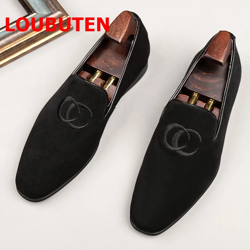 Loubuten Suède Schoenen Mode Borduren Loafers Mannen Flats Casual Schoenen Handgemaakte Jurk Schoenen Slippers Partij Schoenen