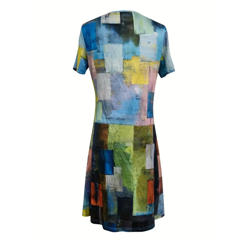 Summer Short-Sleeve Abstract Oil Painting Style Dress With Artistic Color-Blocking, Mid-Length Skirt