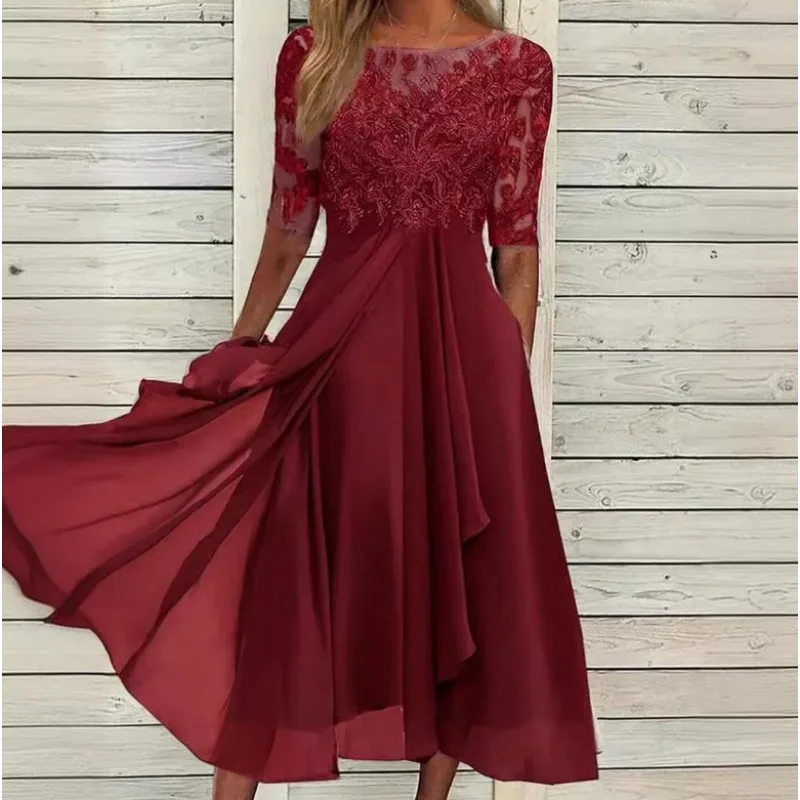 2025 Nieuwe dames chiffon kant contrasterende uitsnijding maxi bruidsmeisjes avondjurk