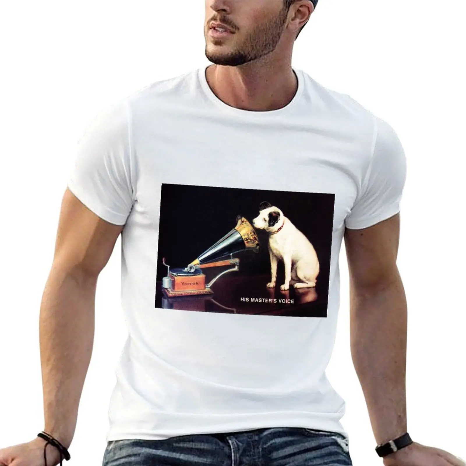 

RCA VICTOR HIS MASTERS VOICE by Francis Barraud Vintage Advertisement T-Shirt t shirt man plain cotton tshirt 100% T-Shirt