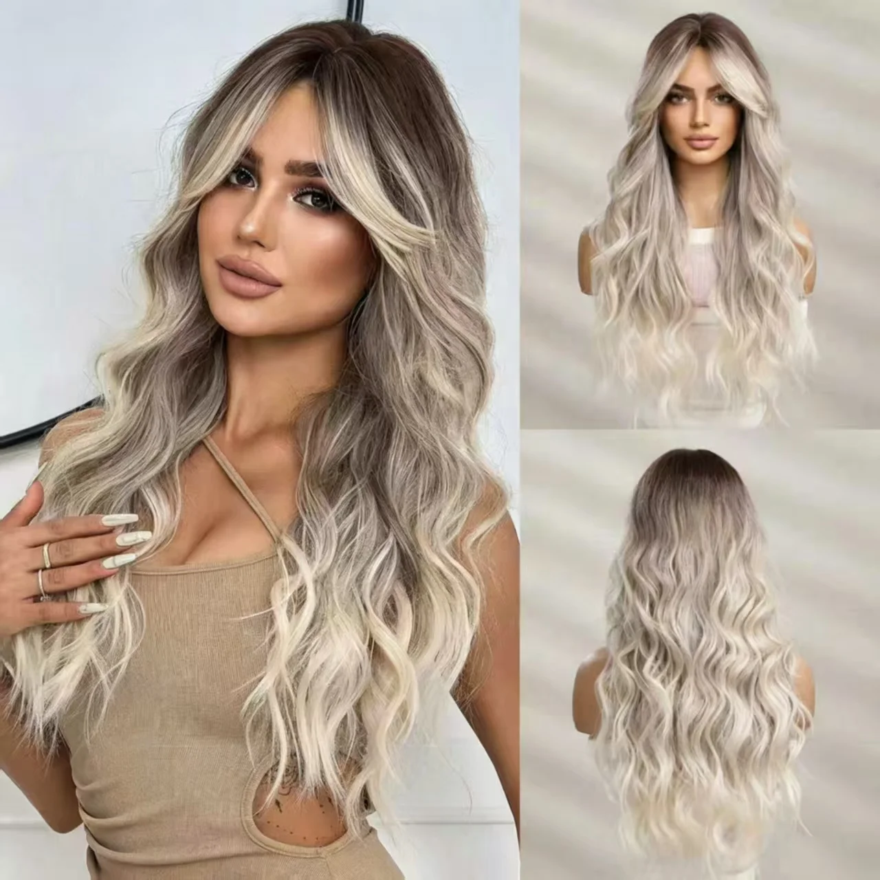 JOVIA Large Waves Eight Pointed Bangs Black Gradient to Gray Long Curly Fake Wig Daily Cosplay High Temperature Natural FakeHair
