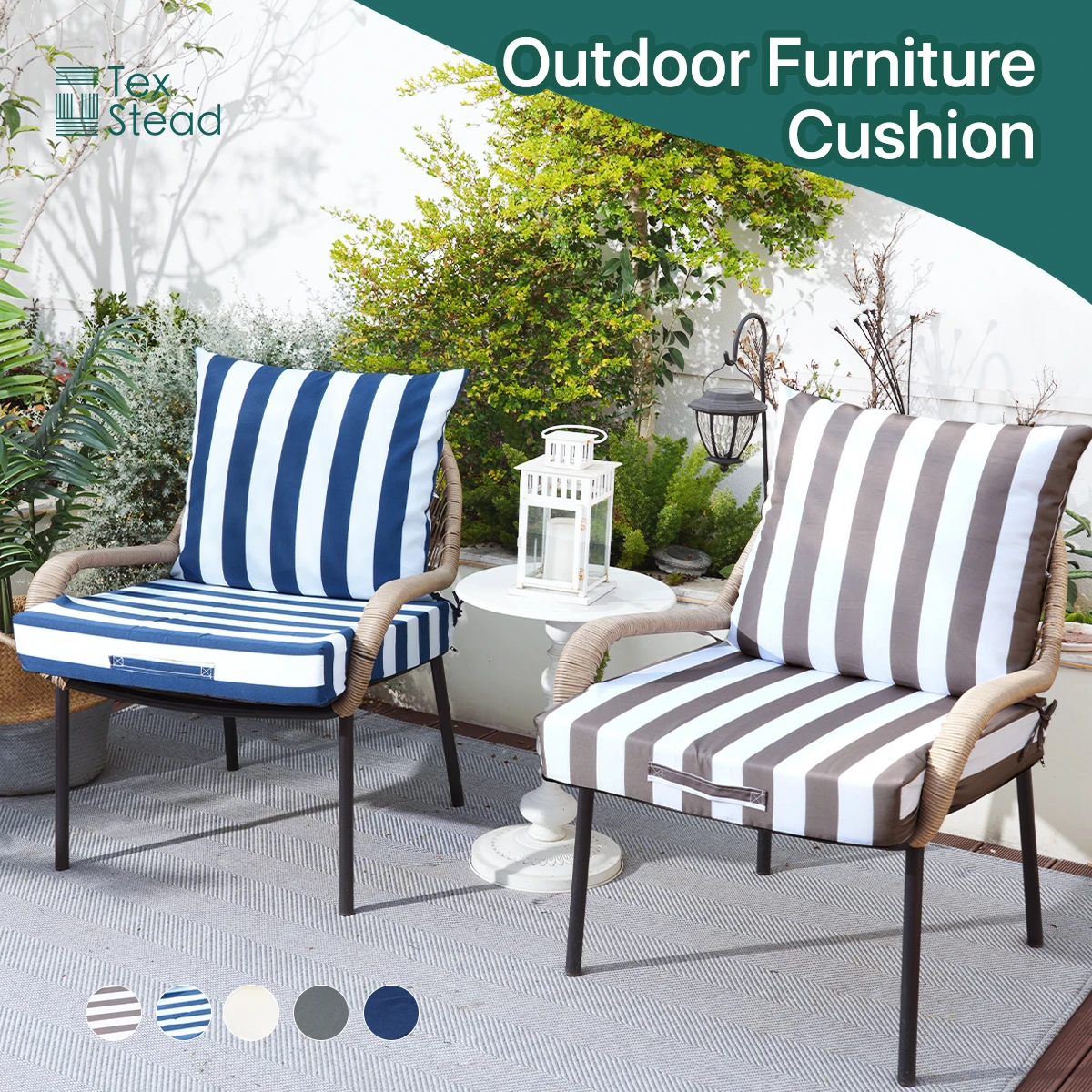 Outdoor Chaise Lounge Cushions, Thick Waterproof Patio Pool, Fade Resistant, Blue & White Stripe