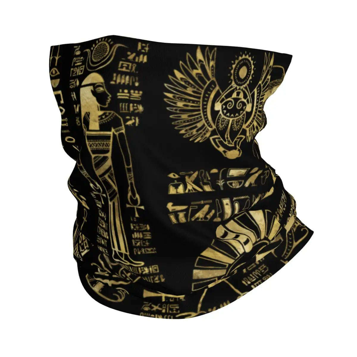 

Egyptian Hieroglyphs And Deities Gold On Black Bandana Neck Gaiter Printed Egypt Balaclavas Wrap Scarf Warm Headwear Fishing