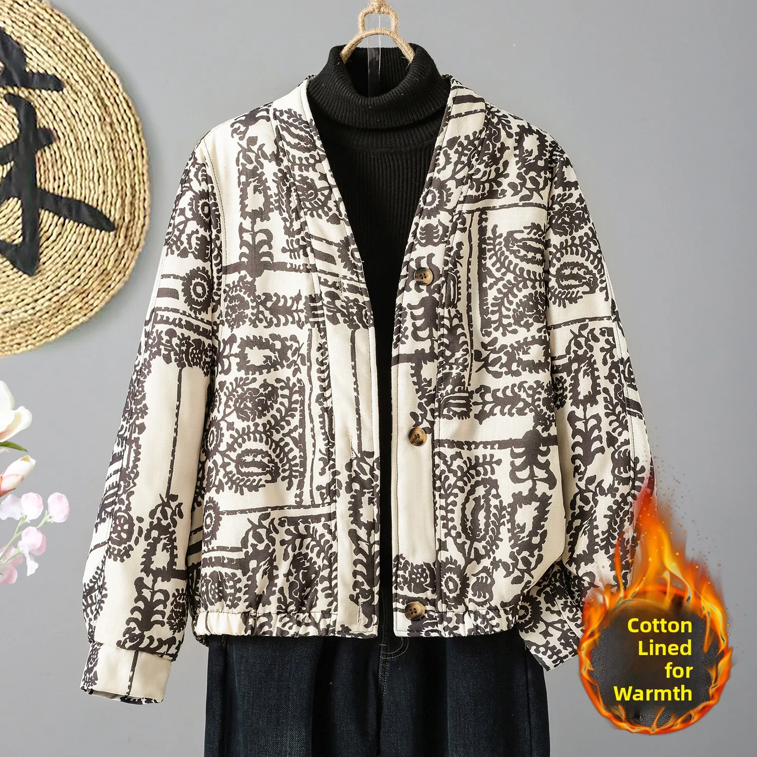 Thiened Cotton Jaet レディース 冬 暖かい レトロ プリント サンドイッチ コットン アウター カジュアル 通勤 ルーズフィット ロング Sve