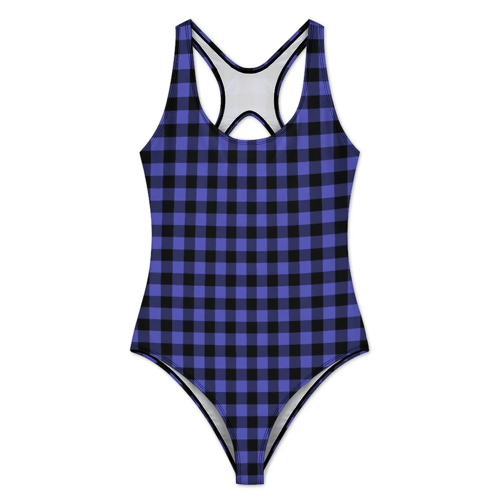 Retro Gingham Swimsuit Sexy Black And Purple Ladies Swimwear One Piece Stylish Bodysuit Fitness Push Up Hollow Out Monokini