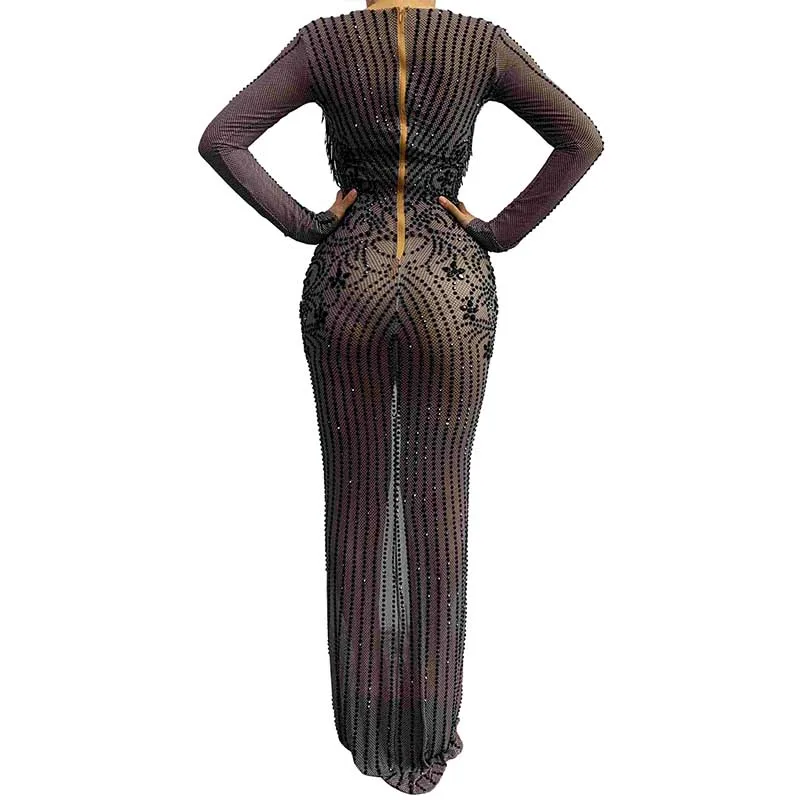 ブラックラインストーンイブニングドレス Frmale ゴーゴーナイトクラブ誕生日衣装歌手ホストステージパフォーマンスハイスリットパーティードレス yj132