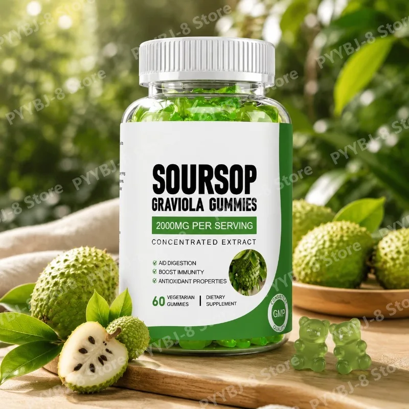 60 gomitas de guanábana (graviola) que contienen extracto de hoja y fruto de guanábana, apoyan el sistema inmunológico y promueven la salud digestiva.