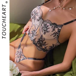 Toucheart Sexy Lingerie Set For Women Lace Perspective Sexy Mesh Patchwork Lace Embroidered Underwire Fishbone Underwear Set New