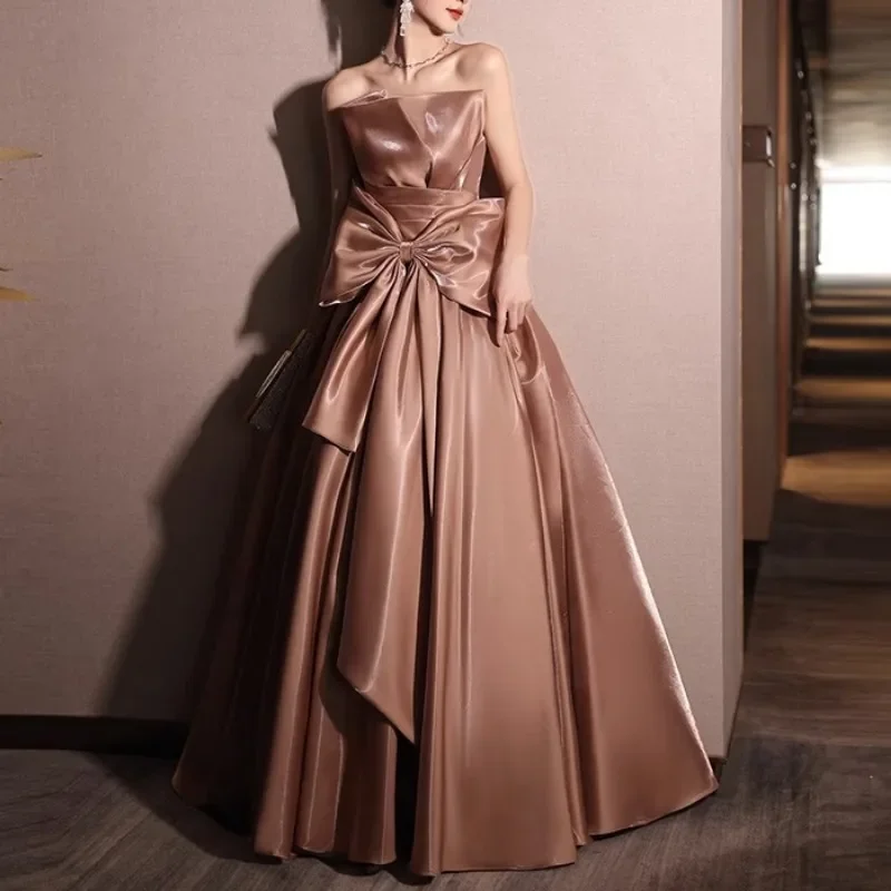 Customized Satin Slim Waist Strapless Elegant Evening Dresses Bow Design Pleated Temprament Wedding Party A-line Solid Vestidos