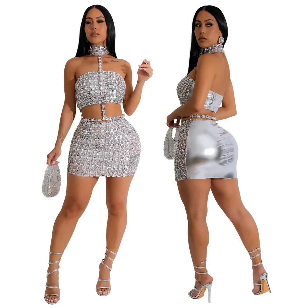 BWQ Women Set Hot Rhinestones Sexy Mini Skirt Suit and Choker Crop Top Strapless Two 2 Piece Set Party Club Night Outfits