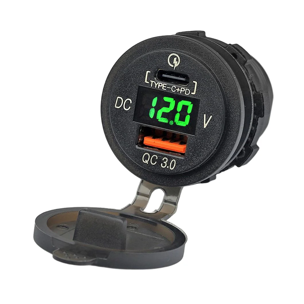 Car Charger USB Fast Charging 12V USB Type C And QC 3.0 Plug Outlet With Digital Display LED Voltage Monitor