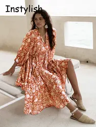 Women Spring Summer Flower Print Maxi Dress Elegant Boho Harajuku Loose Sundress Casual Beach Party Dress y2k vestidos New