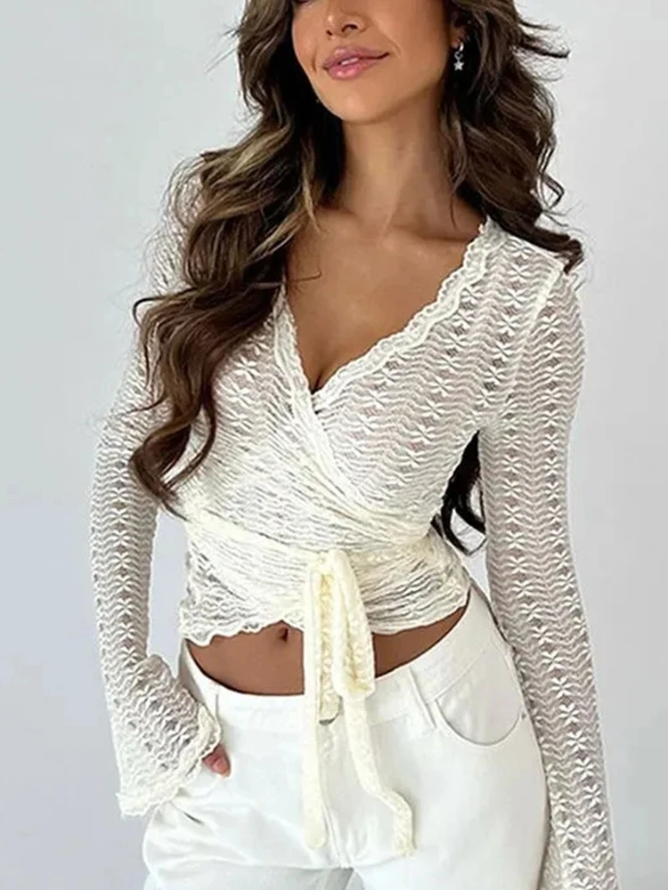 

Сексуальная кружевная футболка с длинным рукавом, женская осенняя новая клубная вечеринка, тонкие футболки, уличная одежда, модные укороченные женские топы с повязками и крестом