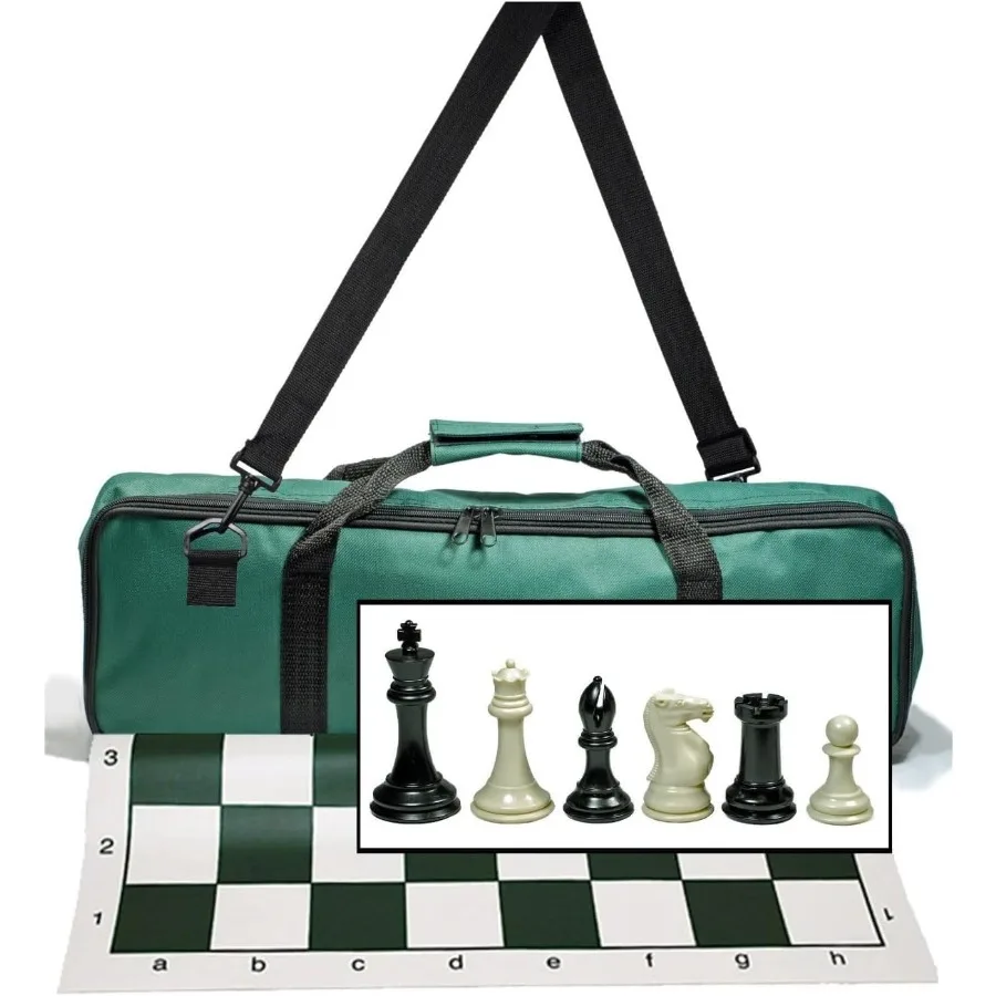 

Travel Chess Set for Adults with Deluxe Green Canvas Bag Triple Weighted Chess Pieces 4.0 inch King Vinyl Roll-Up Chess Board 2