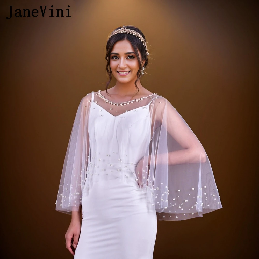 

JaneVini Luxury Pearls Bridal Cape Bolero Short Wedding Cloak Shoulder Shrug Party Dress Women Short Wraps Bride Top Shawl Stole