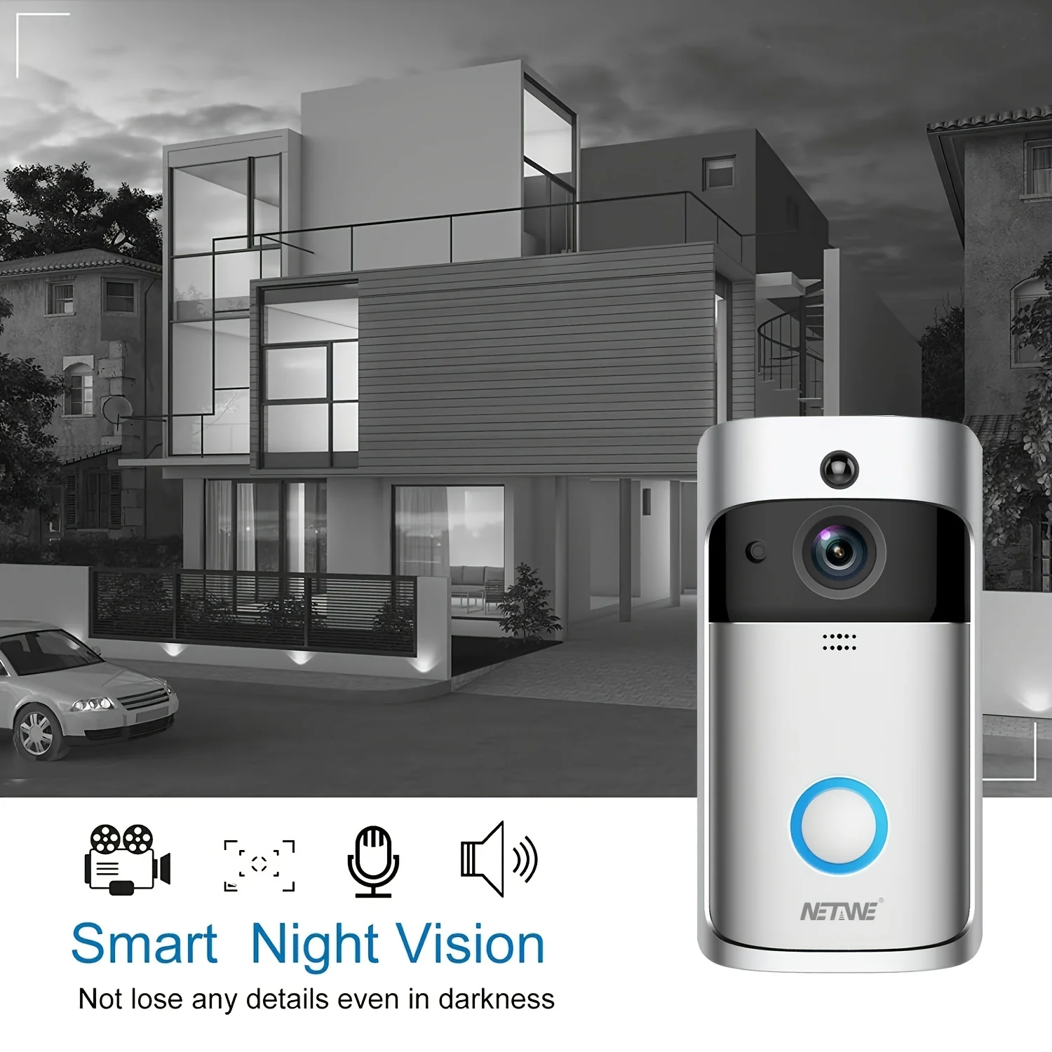 Videocamera per campanello HD wireless alimentata a batteria con rilevamento del movimento, visione notturna, conversazione bidirezionale, archiviazione su cloud - Smart Home Se