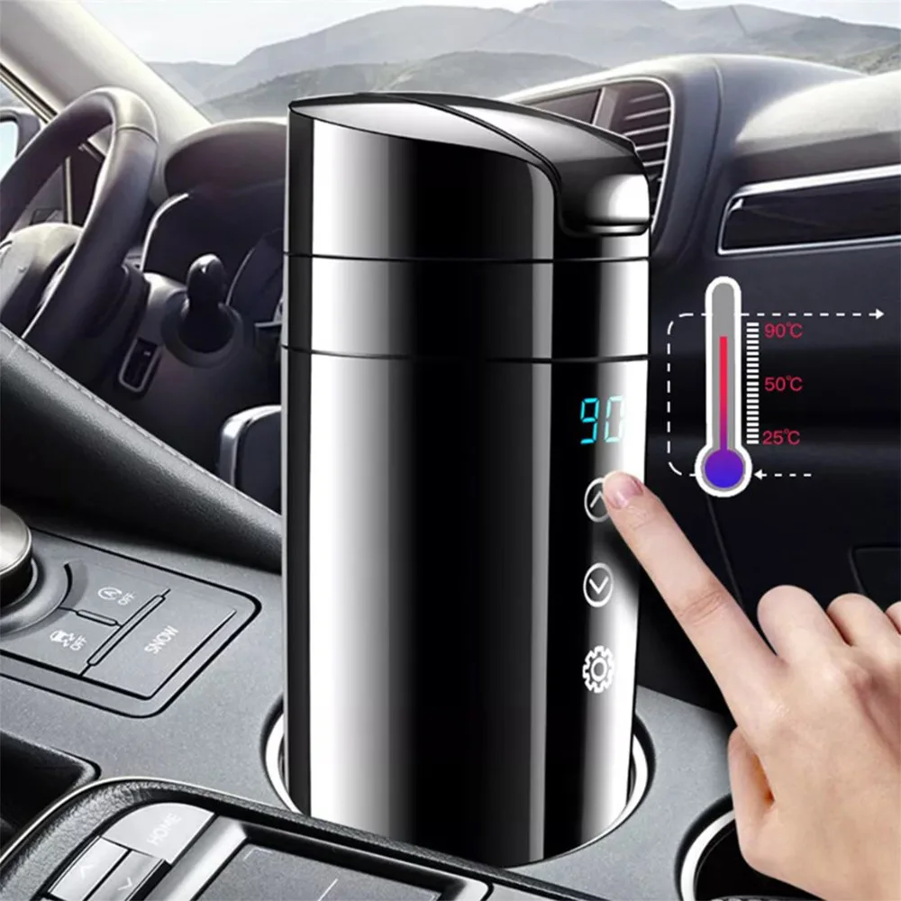 Taza calefactora portátil para coche de 12V, pantalla táctil de acero inoxidable de 400ml, pantalla Digital, botella calentadora de agua, termo, hervidor de agua para coche