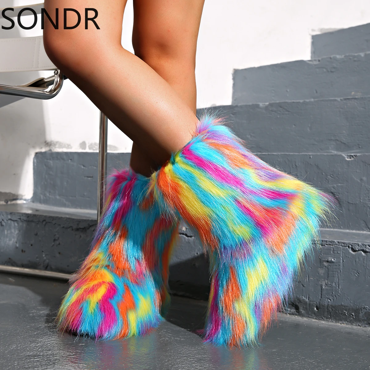 Womens Faux Fur Rainbow Colors Ankle Boots Warm Winter Snow Flats Thick Shoes 4Colors Plus Size 