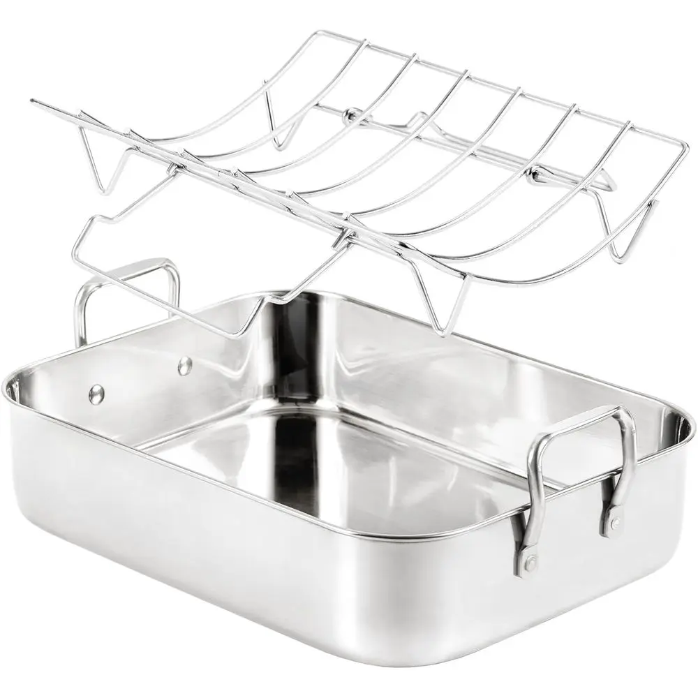 

16.5inch Roasting Pan with U-Shape Rack - StainlSteel Large Turkey Roaster Pan or Turkey, Chicken, Ham Roaster with V-Shaped Bg