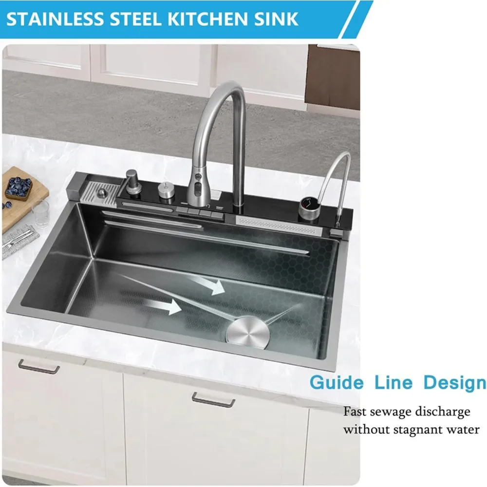 العرض الرقمي حوض مطبخ واحد تنقش الأخدود الكبير 304 الفولاذ المقاوم للصدأ نانو الأسود المطر شلال بالوعة مع الضغط