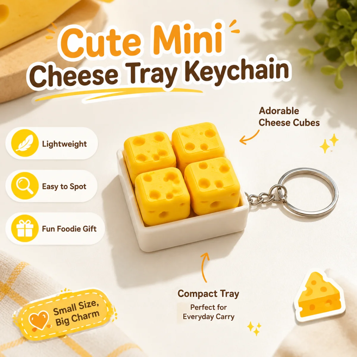 1 Pc Pocket Sized,3D Printing PLA Cheese Cube Clicker,Simulation Food Design Stress Fidget Toy,Creative Keychain Accessories