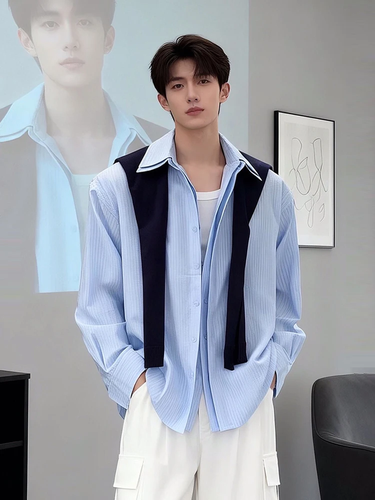 

Мужская рубашка с длинным рукавом в синюю полоску, имитация двухслойной верхней одежды, повседневный стиль, стандартный крой, модная новинка весеннего сезона