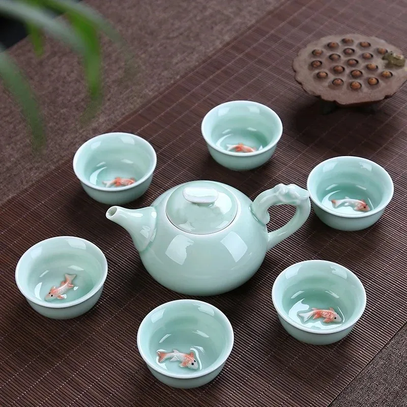 Longquan Celadon fish tea set ceramic teapot kettle cup chinese kung fu drinkware 1pot+6cups