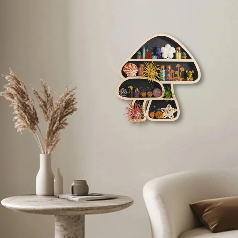 New mushroom wall decoration for home living room, wooden wall-mounted plant storage rack
