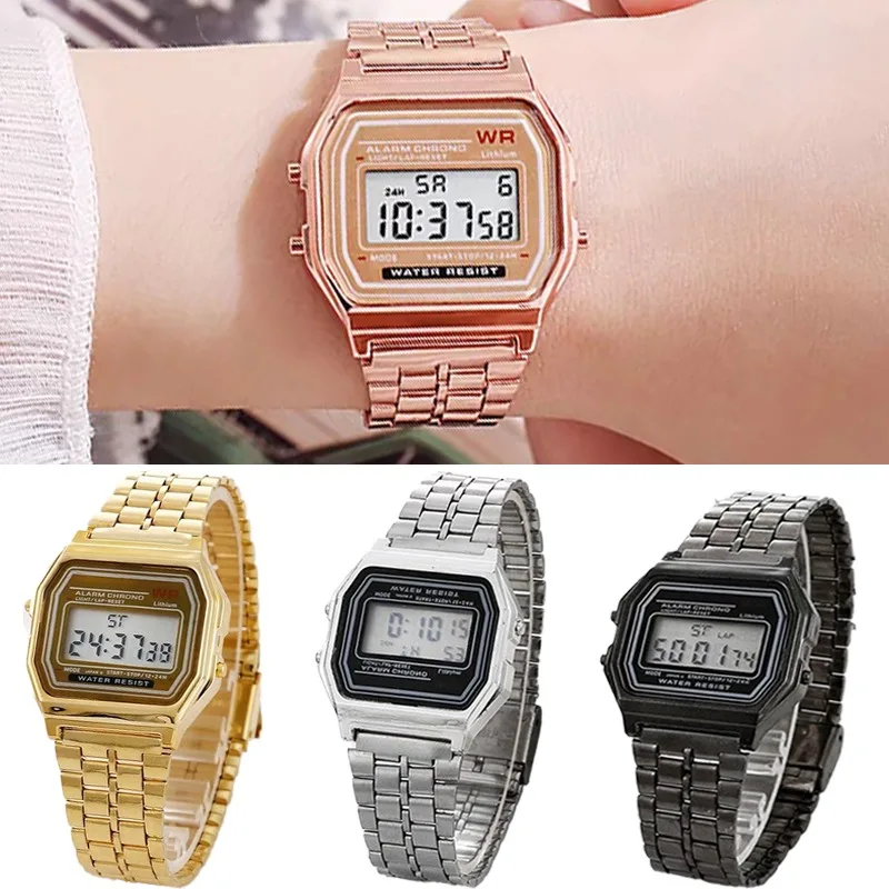 F91W Steel Band Watch Vintage Metal Strap Digital LED Display Wristwatch Electronic Clock Folding Pin Buckle Watchband Bracelet