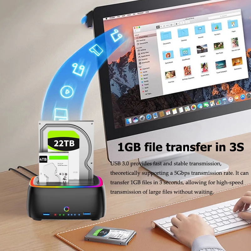 Dual-bay Hard Drive Station Offline clone Data USB3.0 5Gbps RGB Adapter for 2.5/3.5 Inch HDD/SSD TF/SD Card With 12V 3A EU Power