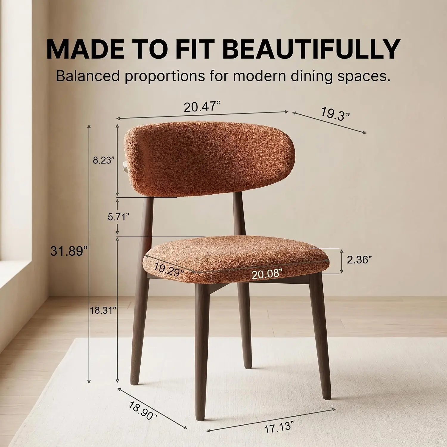 Modern Bouclé Upholstered Dining Chairs Set of 6 with Ergonomic Back, Walnut Wood-Grain Metal Legs, Brown, Customized