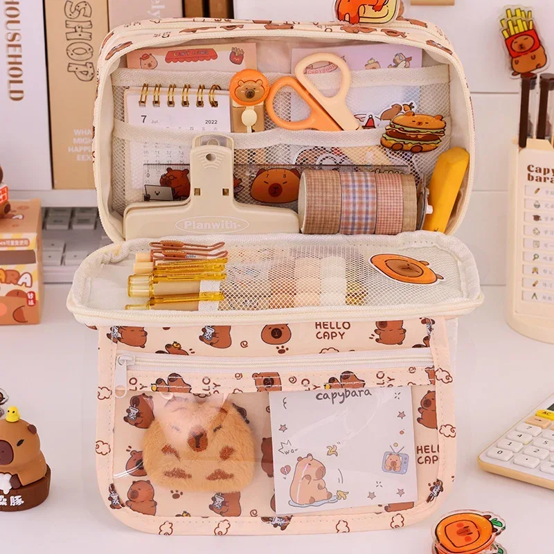 Capybara Multi-Layer Large Capacity Pencil Case Cartoon Stationery Organizer Cute Multi-Functional Pen Pouch for School Supplies