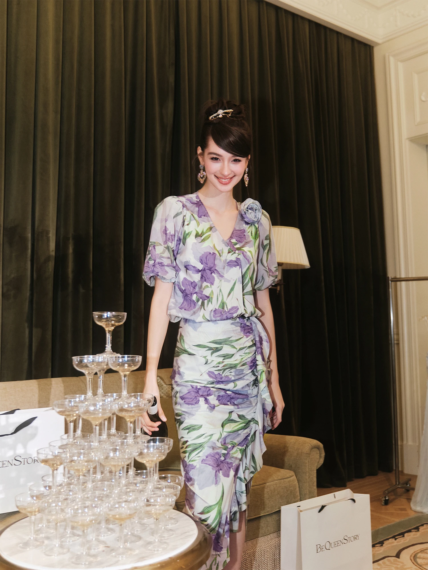 

Костюм-двойка из полиэстера Ele Faion Iris Flower Knot от Ю Сяосяо, новинка весна-осень 2025, женский