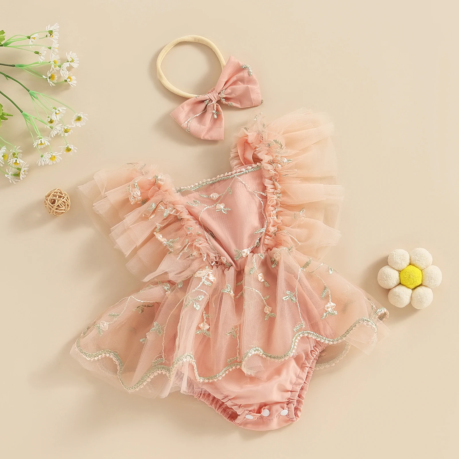 ma&baby 0-24M Baby Girls Romper Newborn Toddler Infant Princess Tulle Floral Embroidery Jumpsuit + Bow Headband Summer Outfits