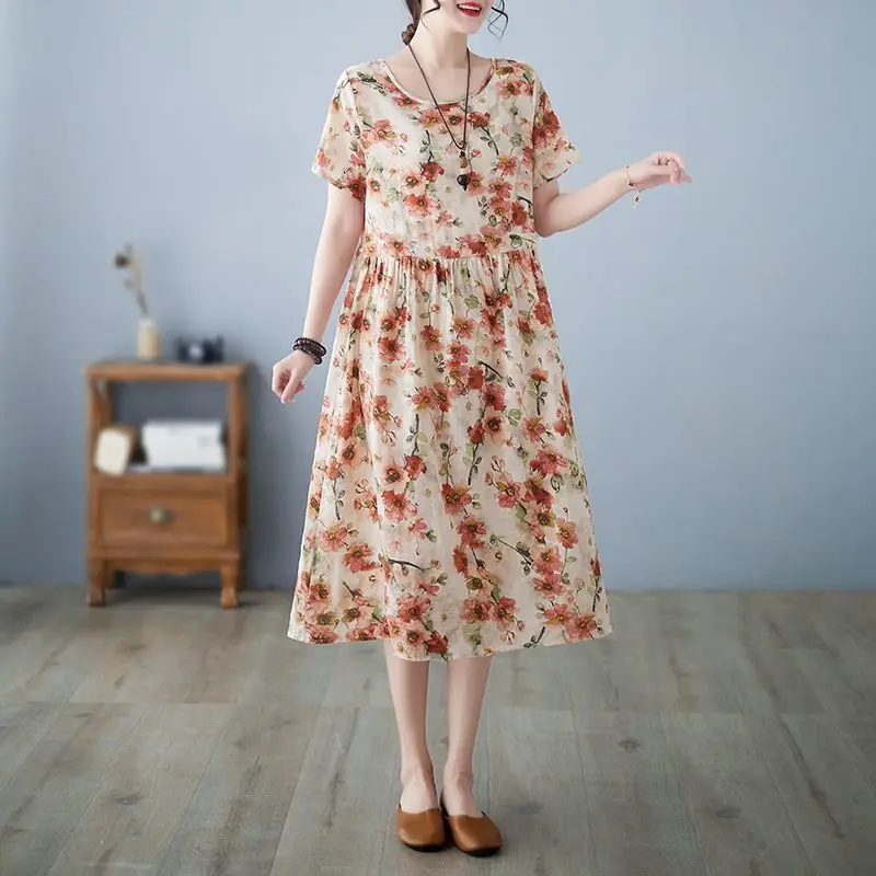

Short-sleeved Printed Cotton Silk Nightgown for Women's Mid-length Cotton Linen Mid-length Ethnic Dress Home Pajamas Skirt
