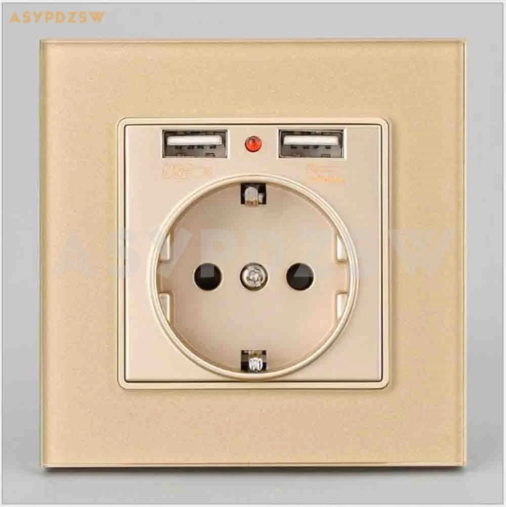 2 PCS GOLD Tempered glass Type 86 panel socket EU wall socket With dual USB plug