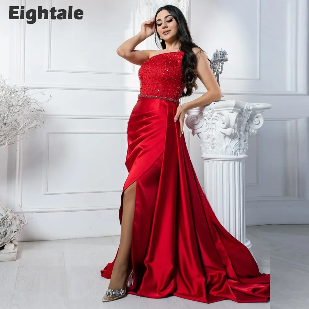 

Eightale Sparkly Evening Dress One Shoulder Beaded Satin Side Slit Formal Mermaid Prom Gown Wedding Party Dress Robe De Soiree