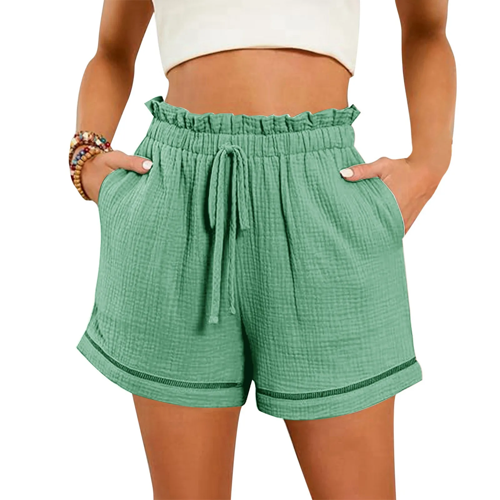 

Women's Beach Shorts Fashion Summer Solid Color High Waist Pocket Loose Wide Leg Shorts Female Casual Home Streetwear